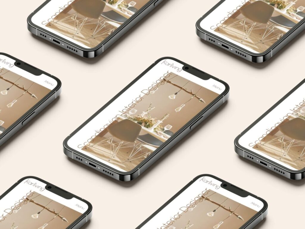 Six smartphones affichent un site de design intérieur scandinave. - Agence web Prism
