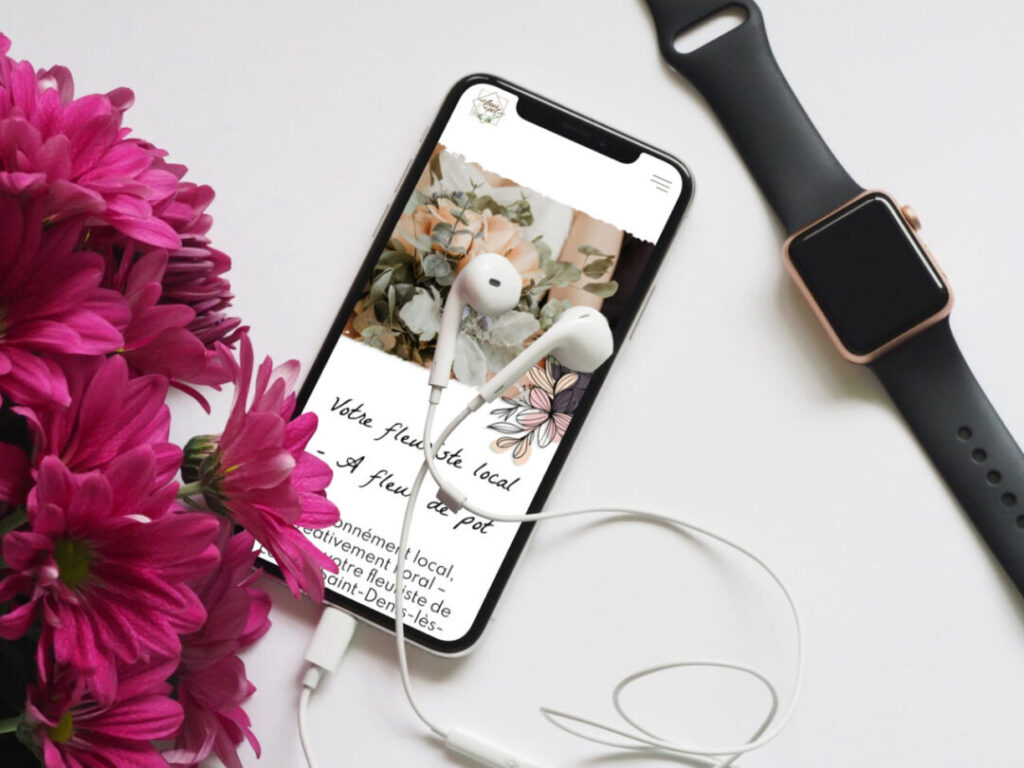 Un téléphone, des écouteurs et des fleurs sur une table. - Agence web Prism