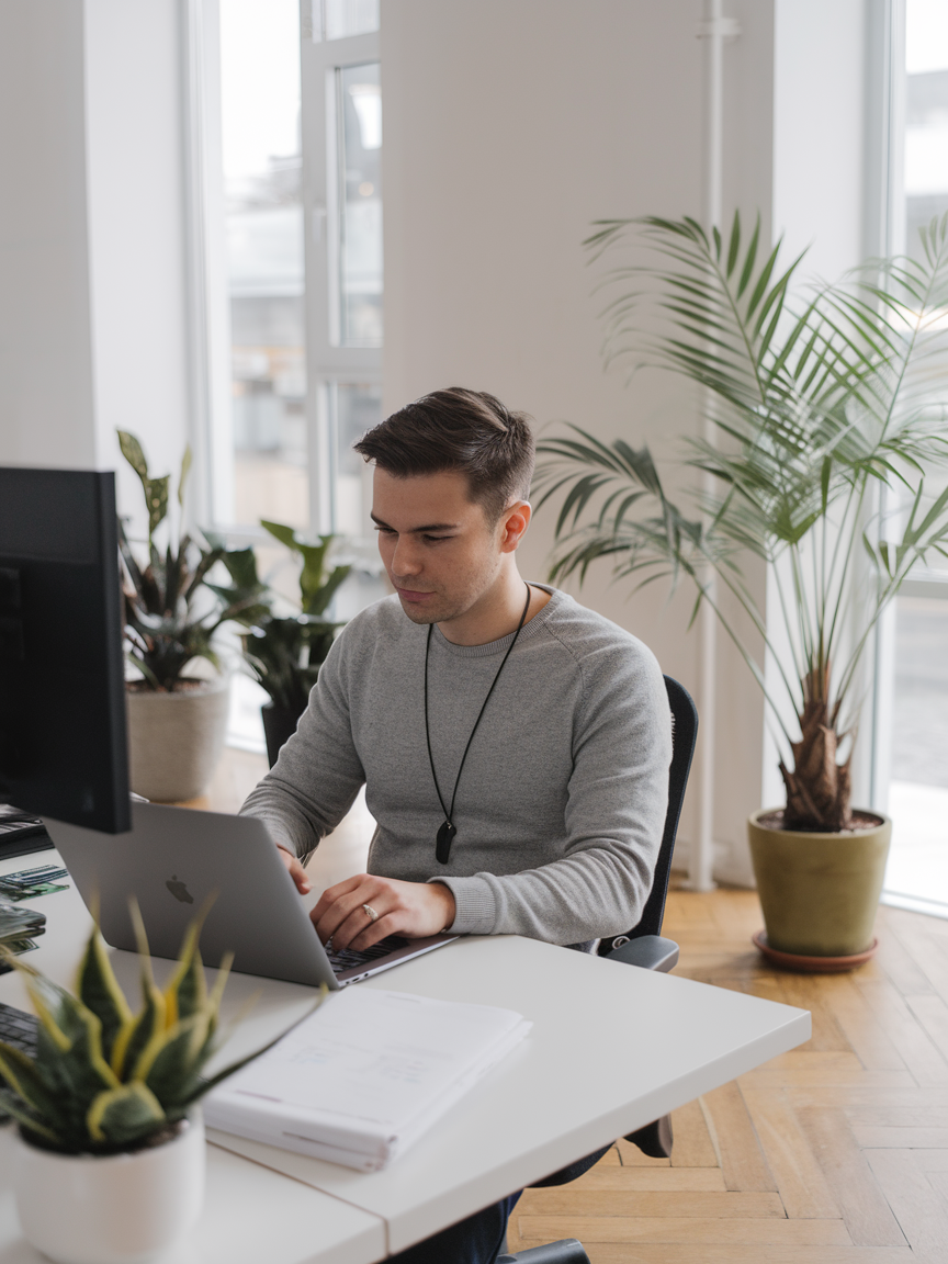 Un homme travaille sur un ordinateur dans un bureau lumineux.