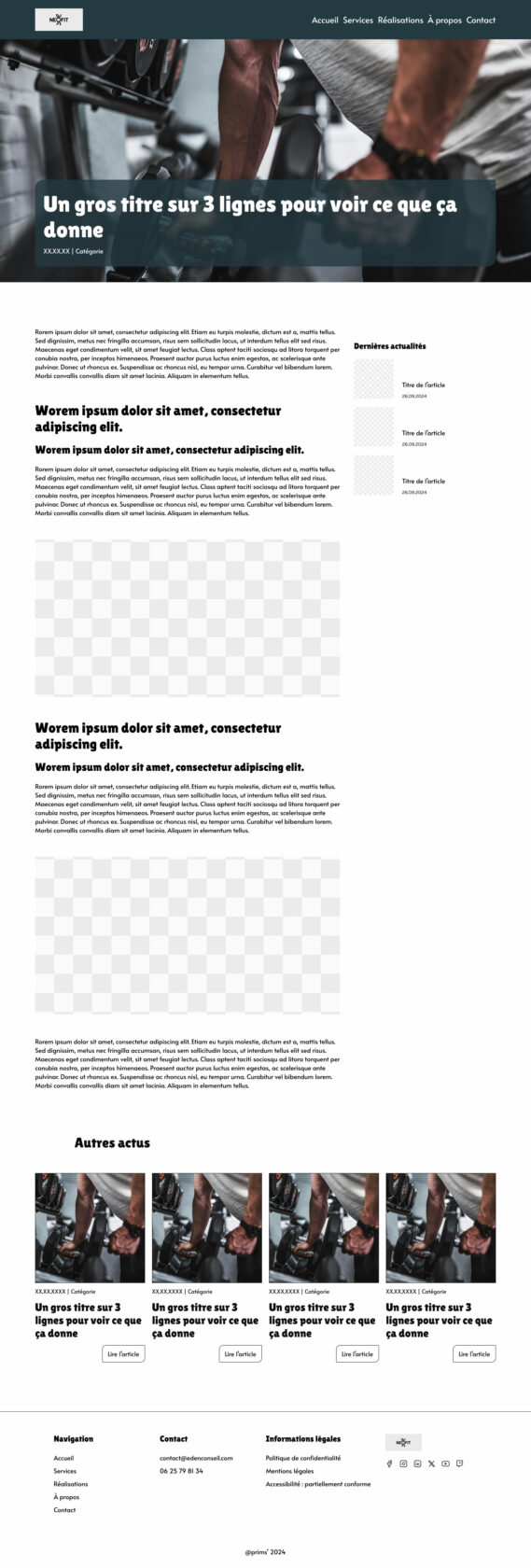 Template de site web avec sections pour articles et images.