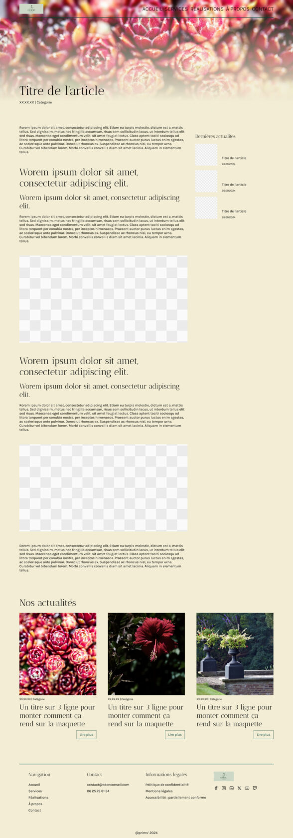 Modèle de page web avec articles et images florales.