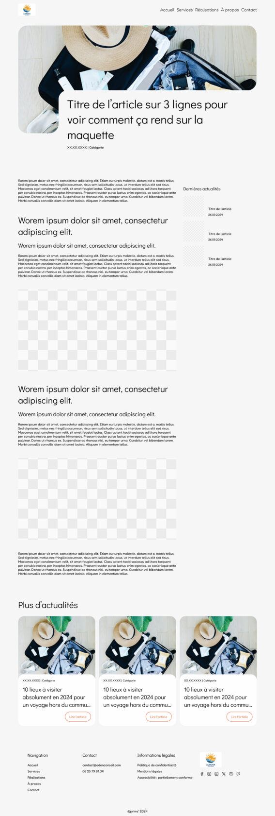 Maquette d'un site web avec articles et informations de contact.