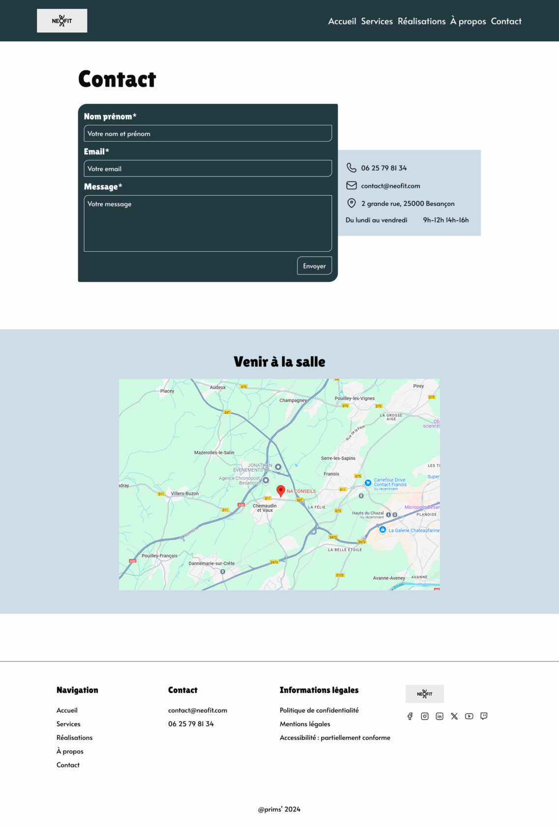 Page de contact avec informations et carte d'accès.