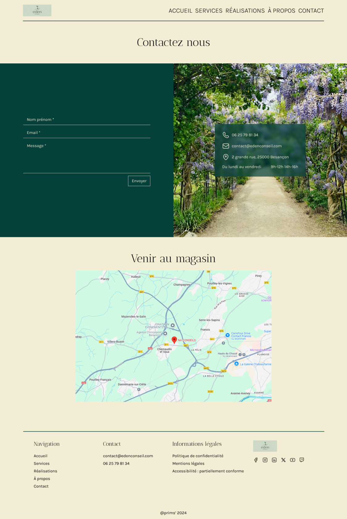 Formulaire de contact et informations pour se rendre au magasin.