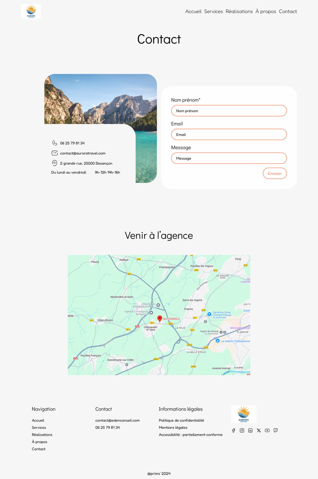 Page de contact pour une agence de voyages avec informations.