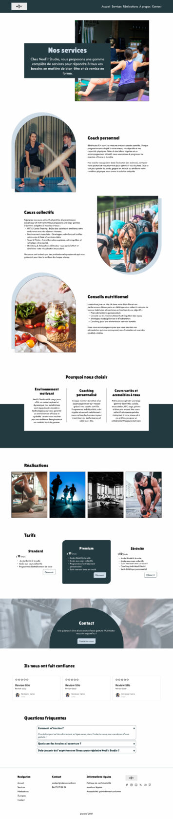 Site de services de fitness incluant coaching et conseils nutritionnels.